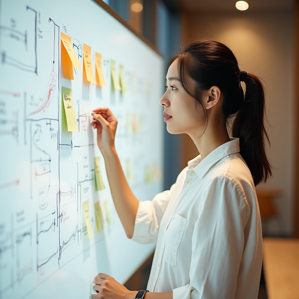 Mapeado de flujo de trabajo en pizarra con post-its durante sesión de análisis